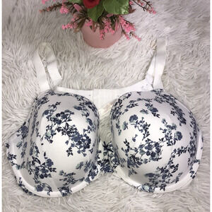 Cacique Bra 40DDD Cotton Lightly Lined Full Coverage Floral White Blue Underwire